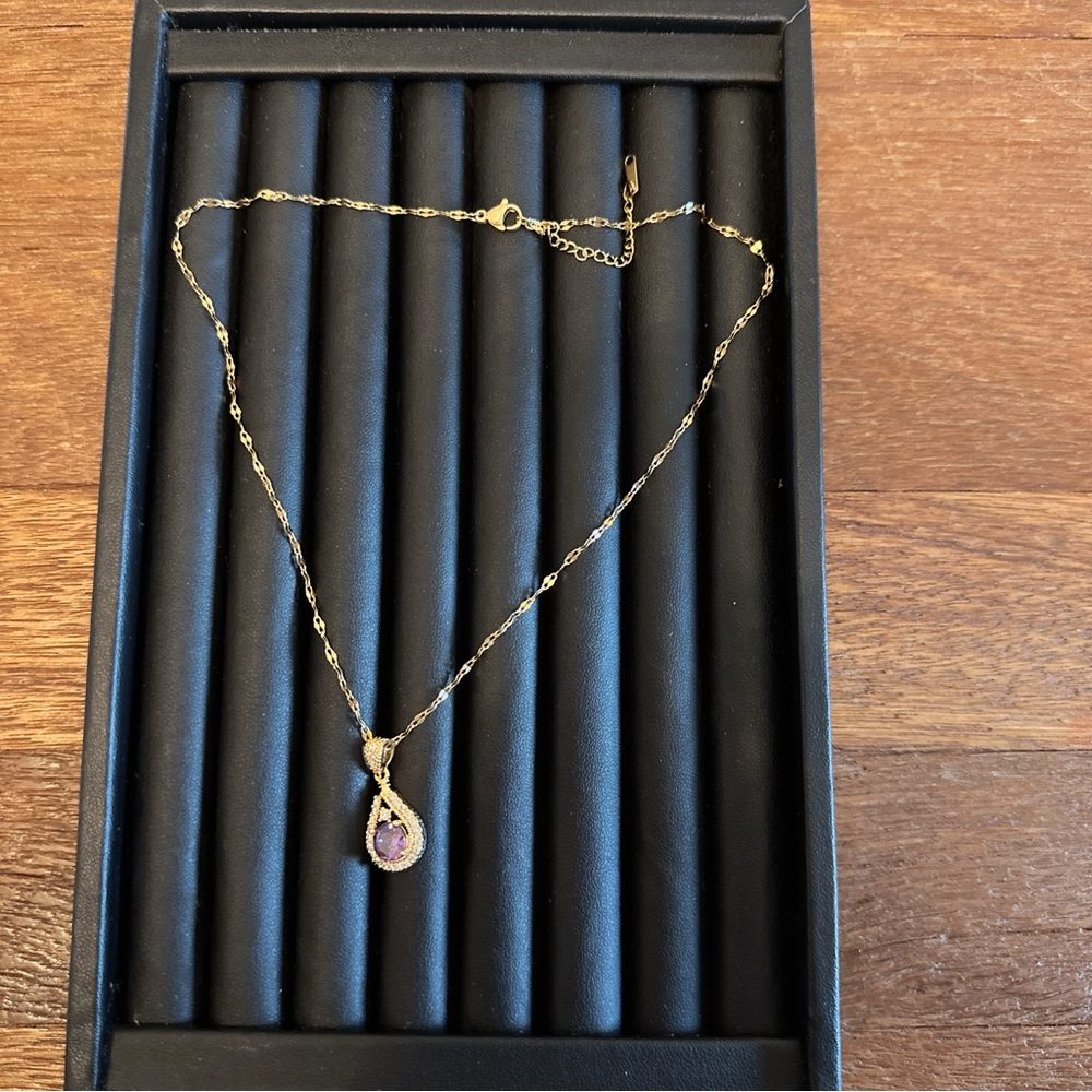 Gold Tone Teardrop Pendant Necklace Purple Stone Dainty Minimalist Jewelry Gift